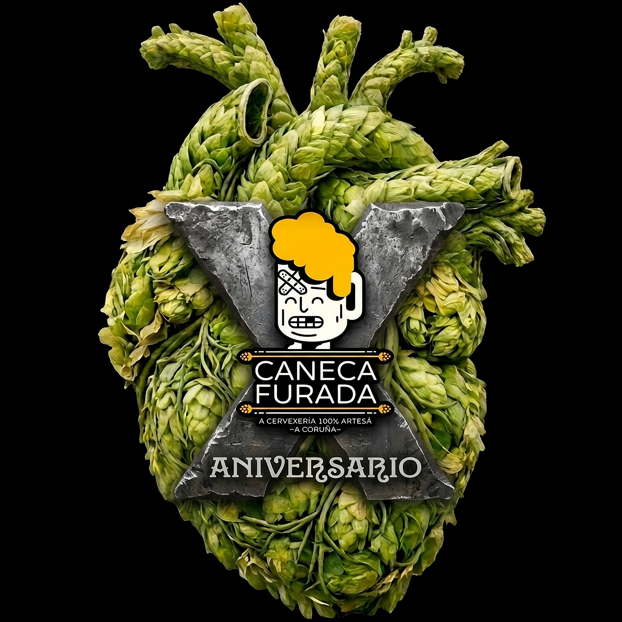 Cartel do X aniversario de Caneca Furada: un corazón feito de lúpulo co logotipo da casa